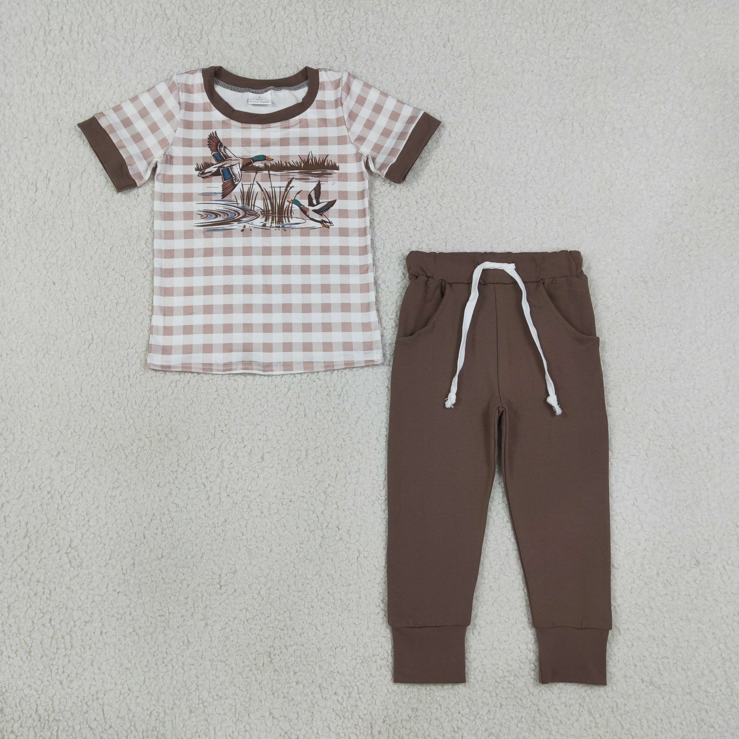 Baby Boys Brown Checked Ducks Top Pockets Jogger Hunting Clothes Sets