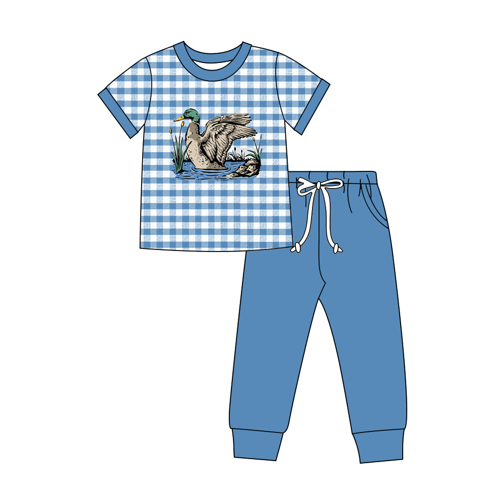 Baby Boys Blue Checked Ducks Top Pockets Jogger Hunting Clothes Sets Preorder