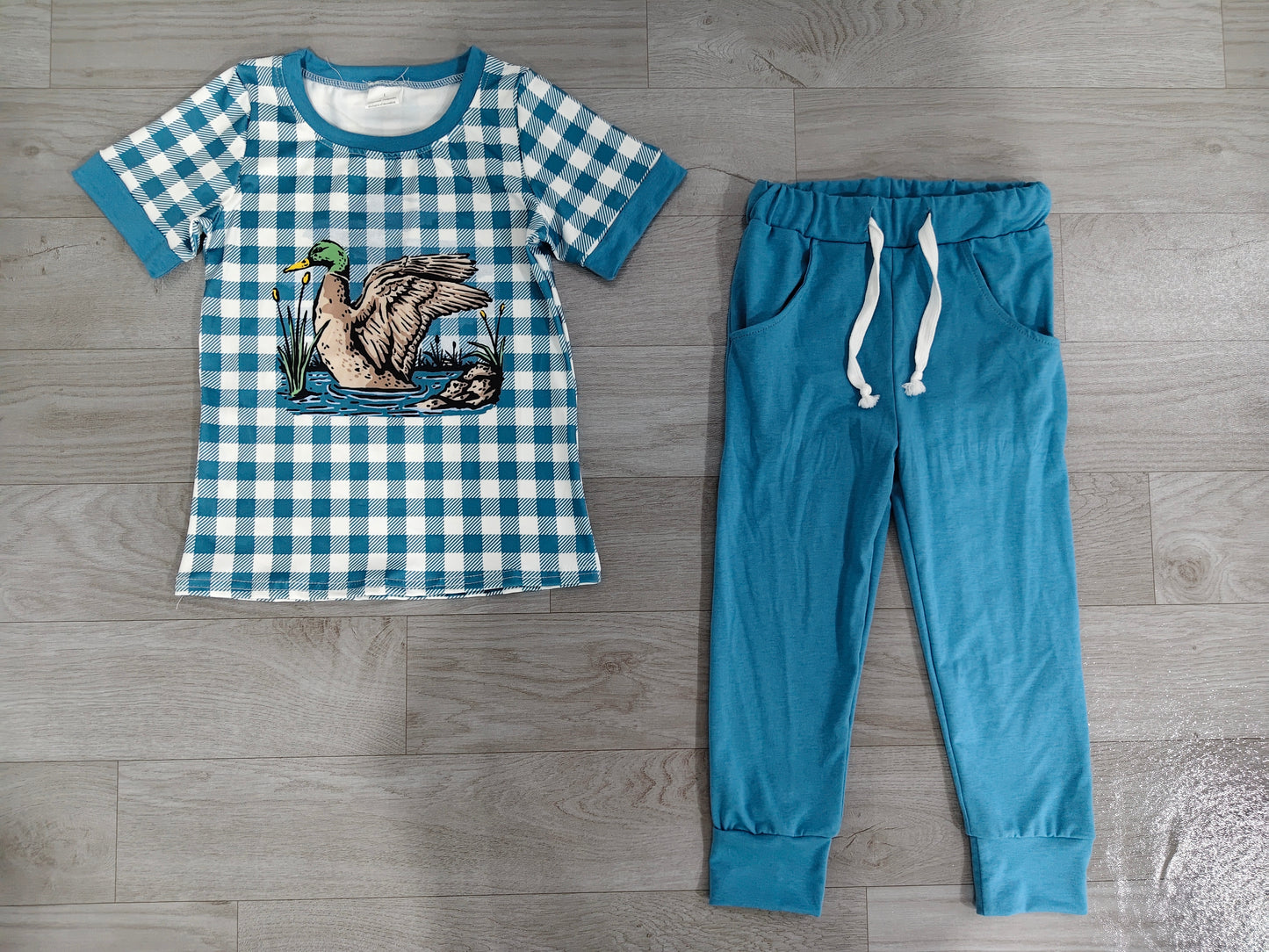 Baby Boys Blue Checked Ducks Top Pockets Jogger Hunting Clothes Sets Preorder