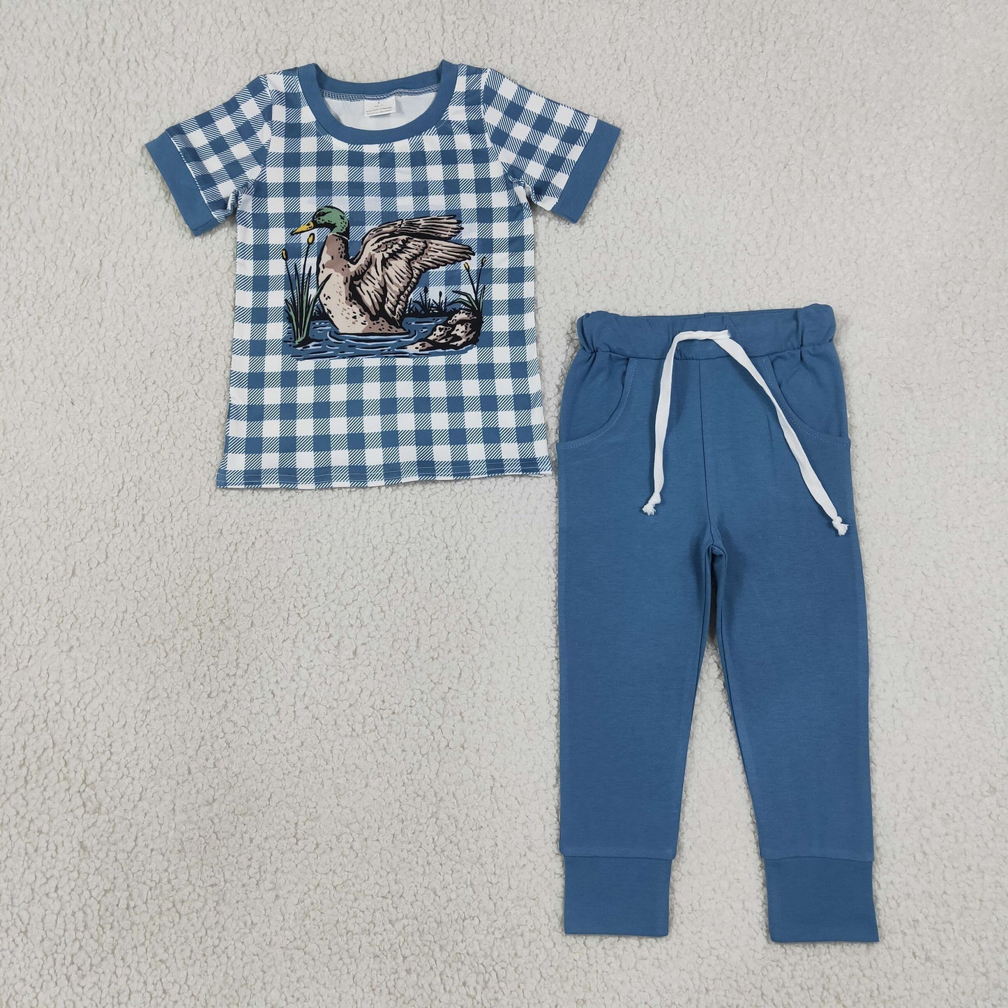 Sibling Baby Boys Short Sleeves Ducks Checked Top Pockets Jogger Hunting Clothes Sets