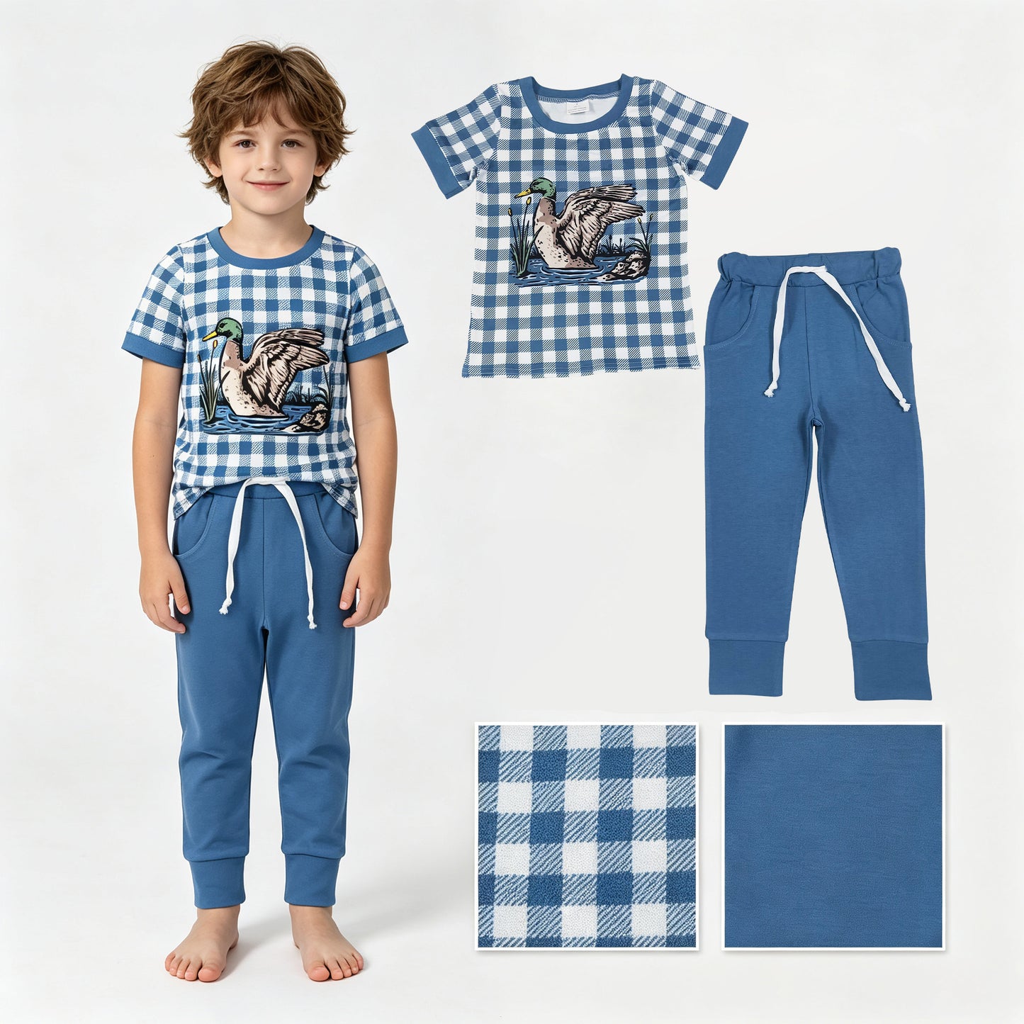 Baby Boys Blue Checked Ducks Top Pockets Jogger Hunting Clothes Sets