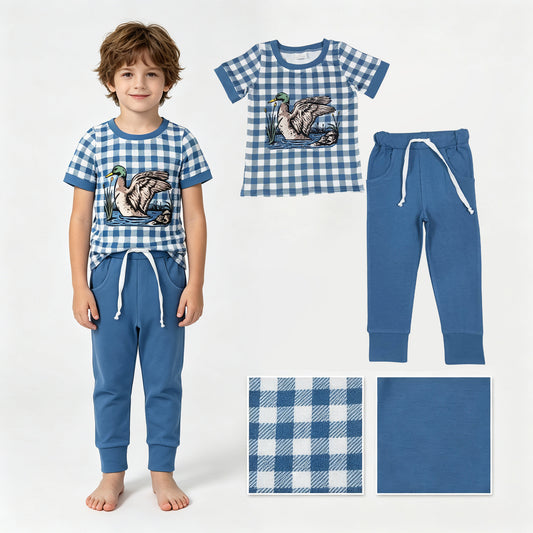 Baby Boys Blue Checked Ducks Top Pockets Jogger Hunting Clothes Sets