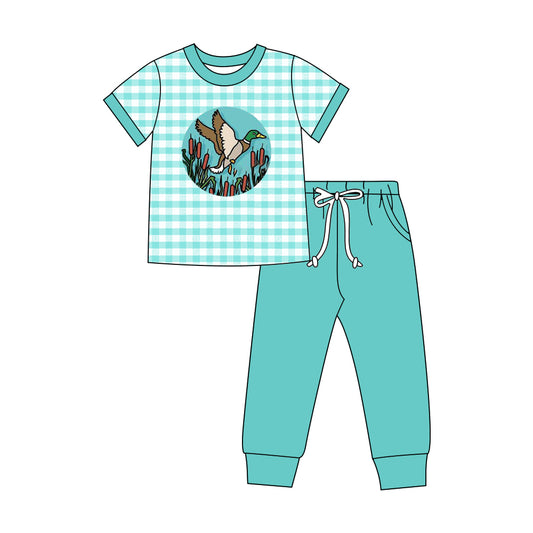 Baby Boys Aqua Checked Ducks Top Pockets Jogger Hunting Clothes Sets Preorder
