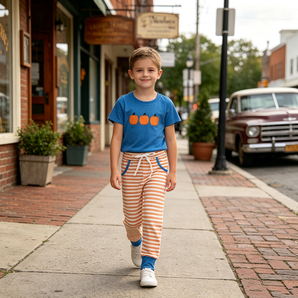 Embroidery Pumpkins Baby Boys Top Stripe Pockets Jogger Fall Clothes Sets