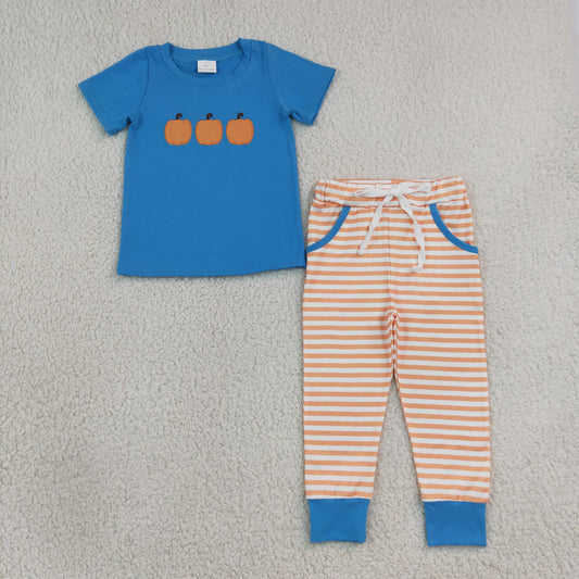 Sibling Baby Boys Embroidery Pumpkins Top Pockets Stripe Joggers Fall Clothes Set Rompers