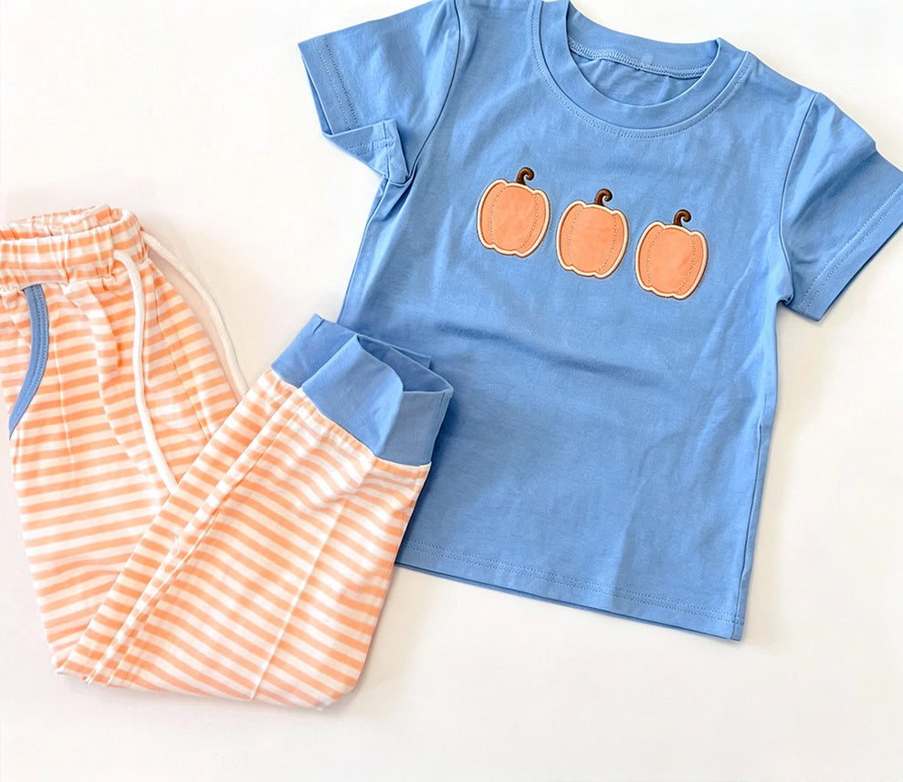 Preorder moq 5 Baby Boys Pumpkins Top Pockets Stripe Pant Fall Clothes Sets
