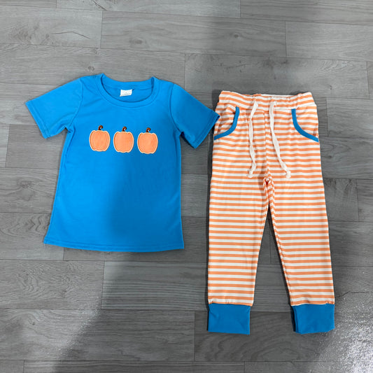 Embroidery Pumpkins Baby Boys Top Stripe Pockets Jogger Fall Clothes Sets Preorder