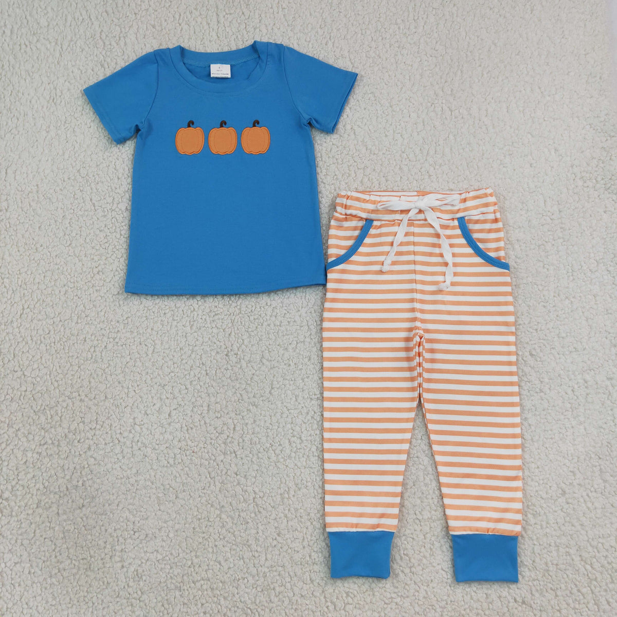 Sibling Baby Boys Embroidery Pumpkins Trucks Top Checked Stripe Pants Fall Clothes Sets