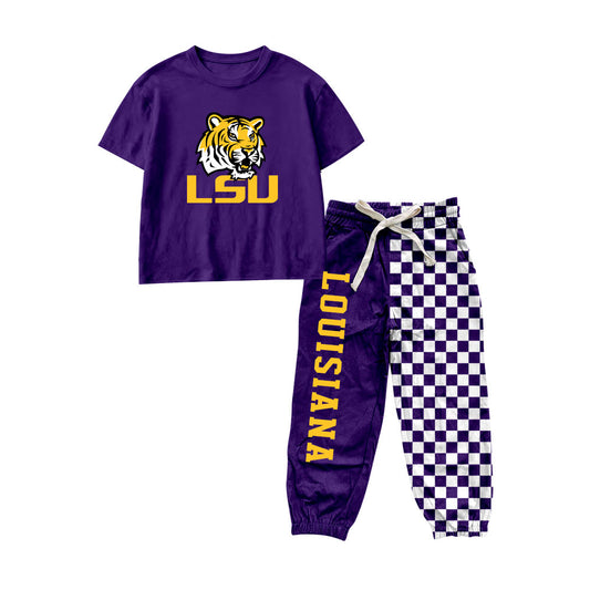 Preorder moq 5 Baby Boys Purple LSU Tiger Shirt Top Pockets Joggers Team Clothes Sets