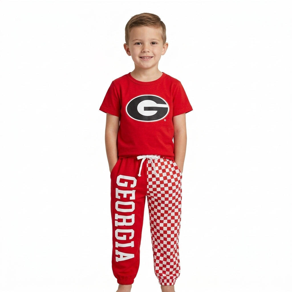 Baby Boys Red Vinyl Georgia Shirt Top Pockets Joggers Team Clothes Sets