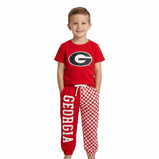 Baby Boys Red Vinyl Georgia Shirt Top Pockets Joggers Team Clothes Sets