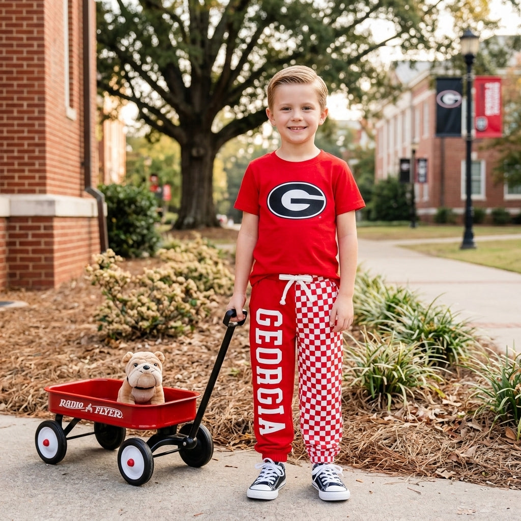 Baby Boys Red Vinyl Georgia Shirt Top Pockets Joggers Team Clothes Sets