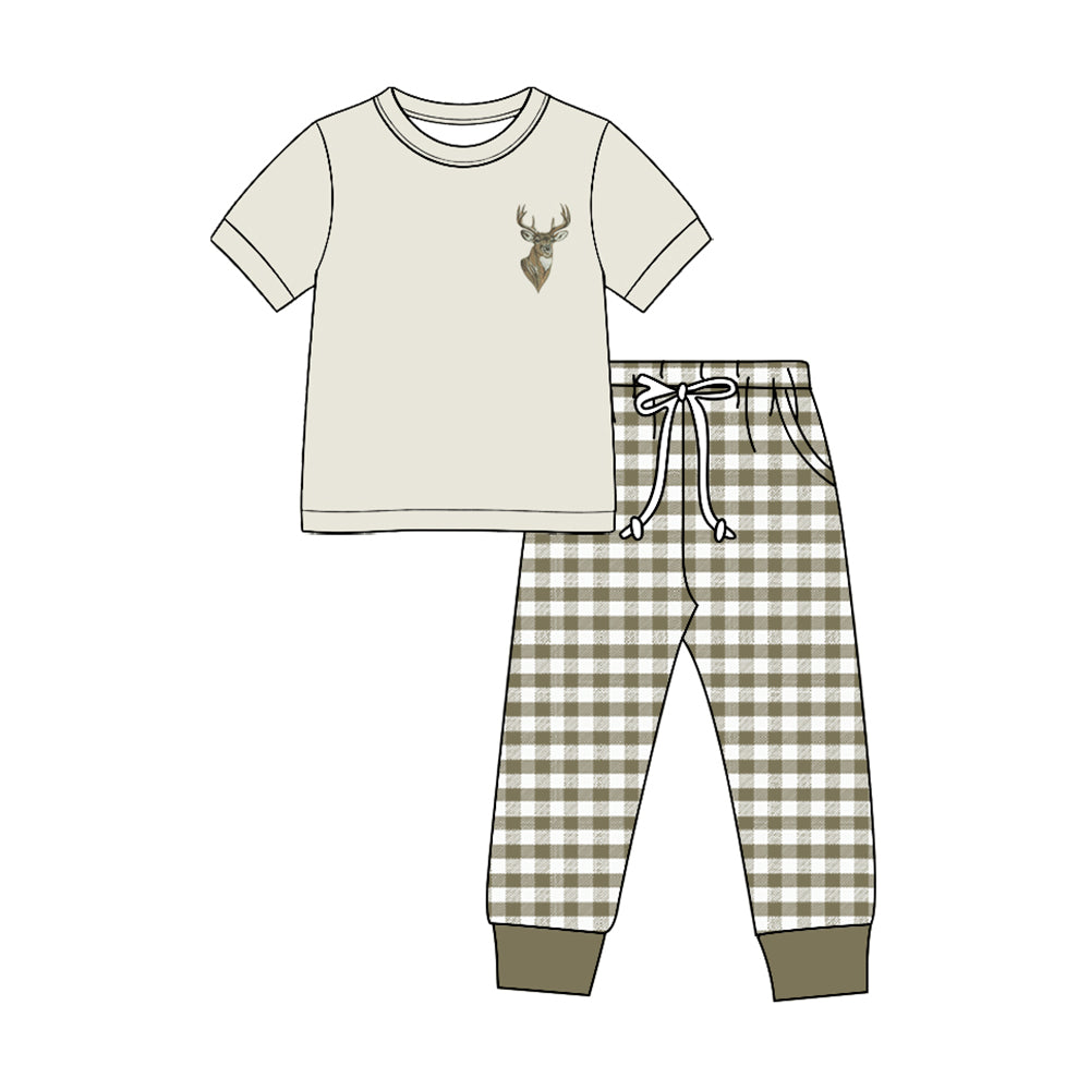 Preorder moq 5 Baby Boys Deer Top Checked Pockets Pant Hunting Clothes Sets