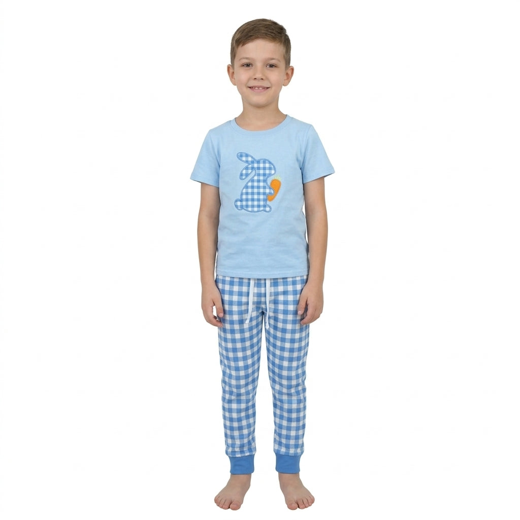 Embroidery Rabbit Carrots Baby Boys Blue Checked Pockets Joggers Easter Clothes Sets