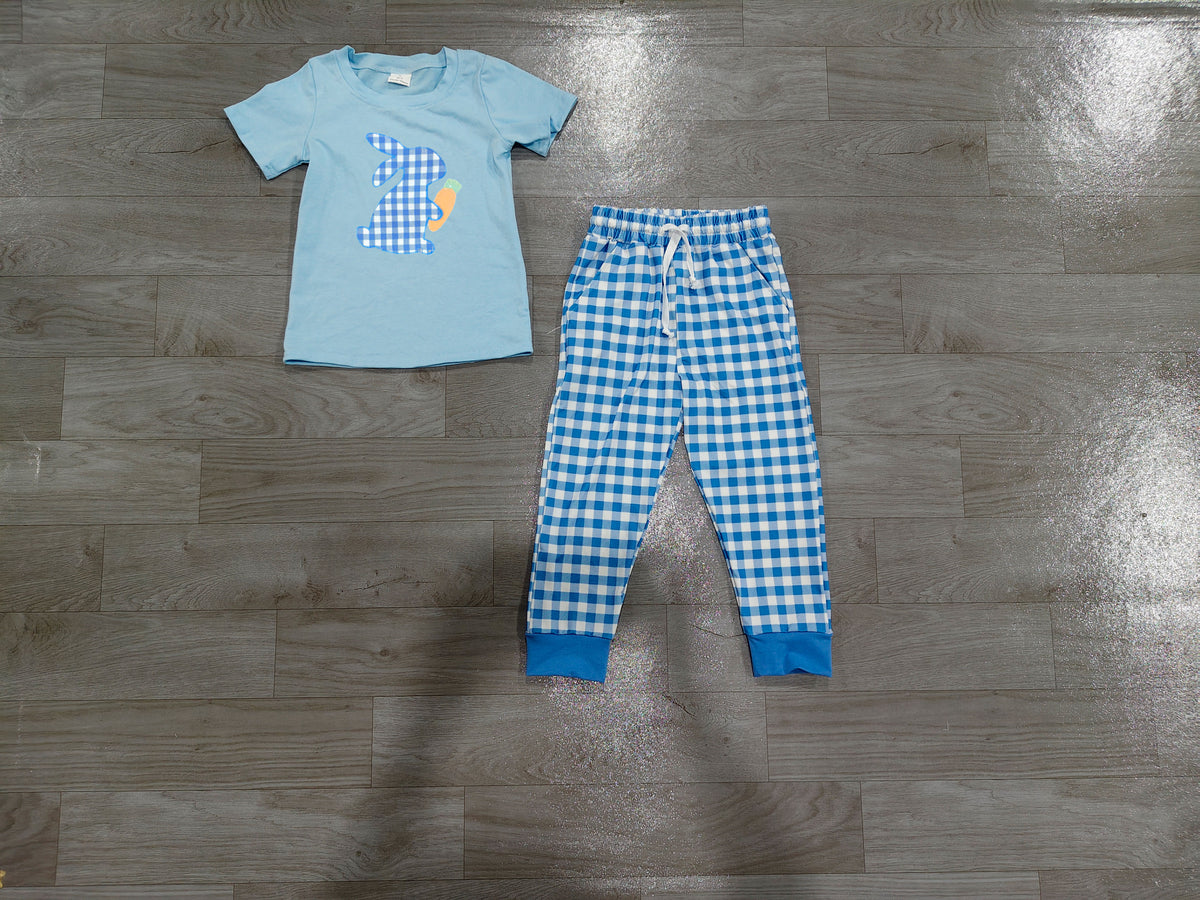Embroidery Baby Boys Blue Checked Rabbit Carrots Top Pockets Pant Easter Clothes Sets Preorder
