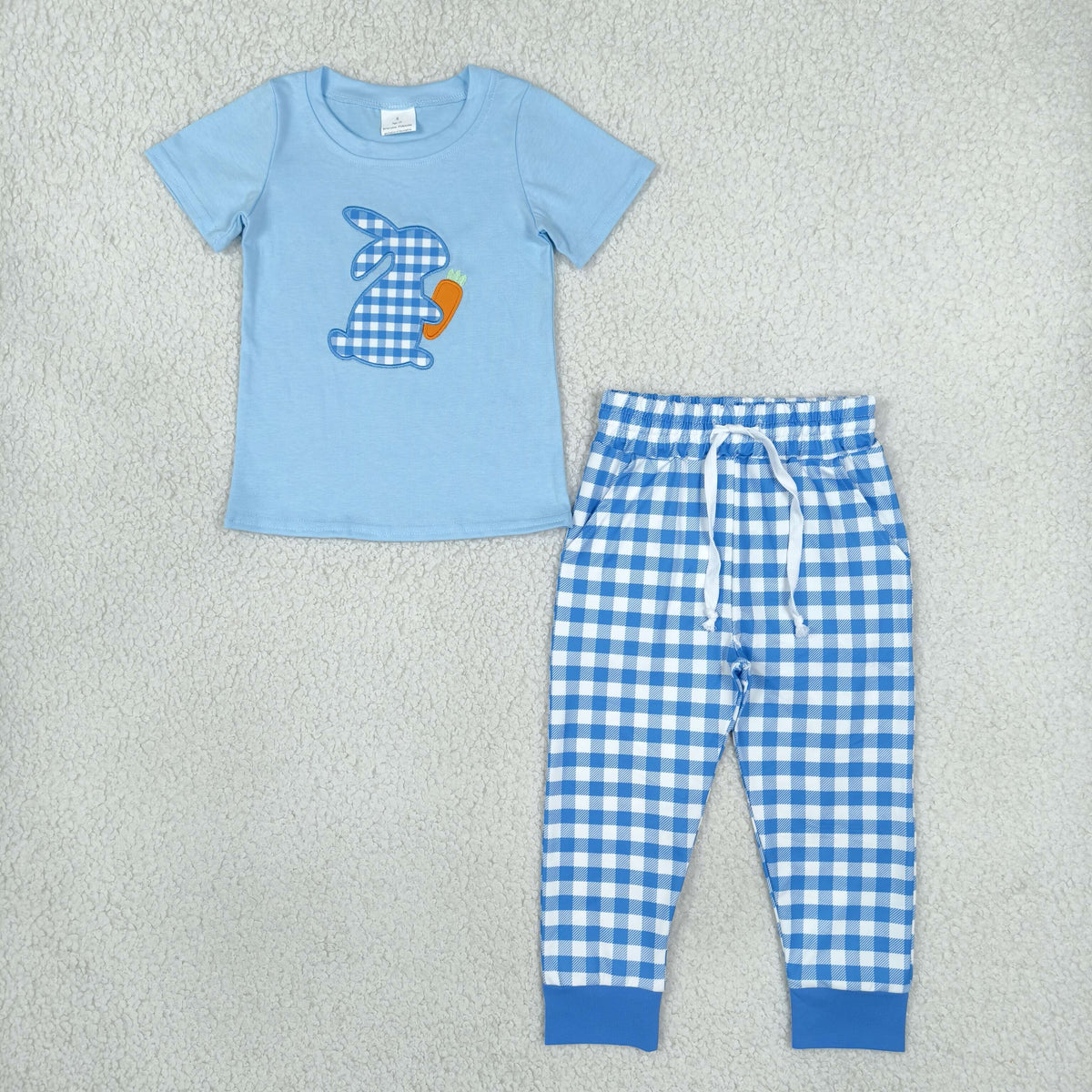 Sibling Baby Boys Embroidery Blue Checked Rabbit Carrot Jogger Easter Clothes Set Rompers