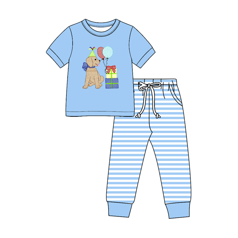 Preorder moq 5 Baby Boys Dog Balloons Top Blue Stripe Pockets Pant Clothes Sets