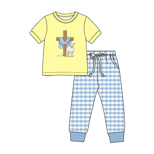 Preorder moq 5 Baby Boys Cross Sheep Top Checked Pockets Joggers Easter Clothes Sets