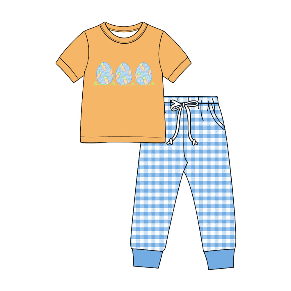 Preorder moq 5 Baby Boys Carrot Eggs Top Checked Pockets Joggers Easter Clothes Sets