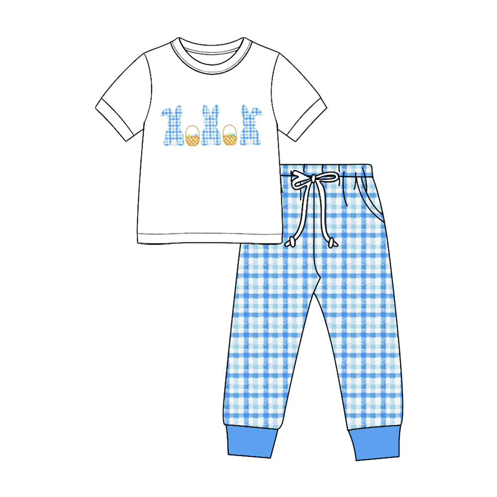 Preorder moq 5 Baby Boys Rabbits Eggs Top Checked Pockets Joggers Easter Clothes Sets