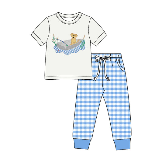 Preorder moq 5 Baby Boys Dog Fishing Top Checked Pockets Joggers Hunting Clothes Set