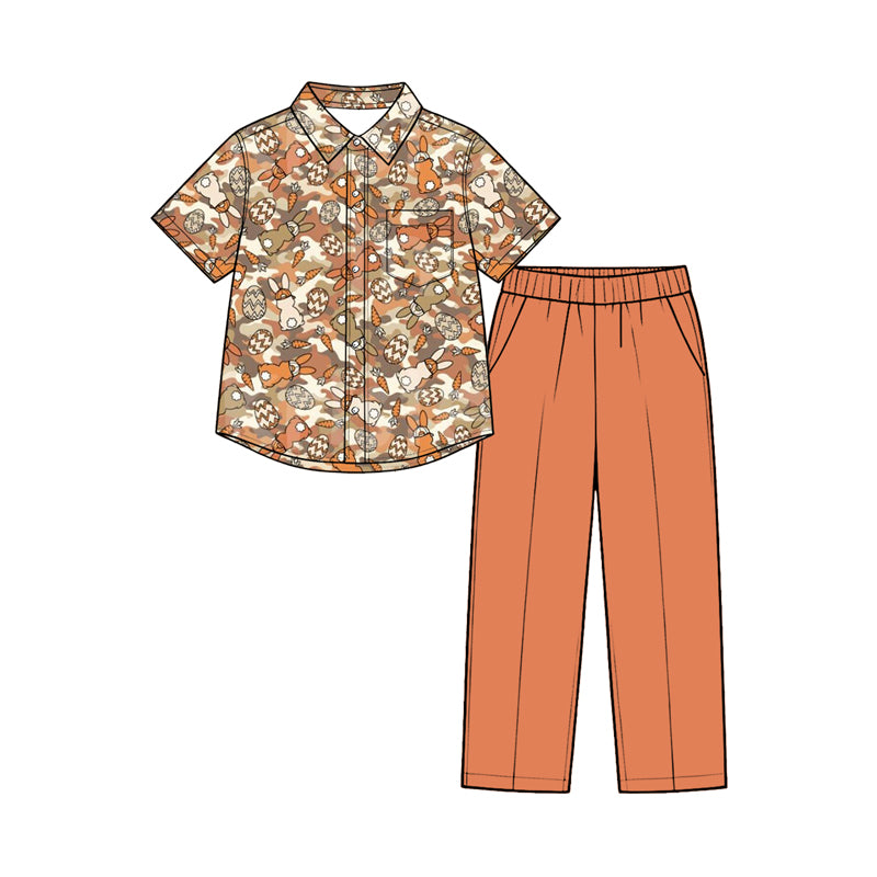 Preorder moq 5 Baby Boys Orange Camo Rabbits Button Top Pockets Pant Easter Clothes Set