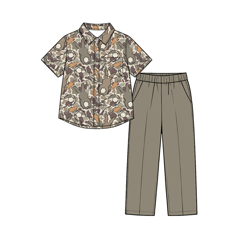 Preorder moq 5 Baby Boys Brown Camo Rabbits Button Top Pockets Pant Easter Clothes Set