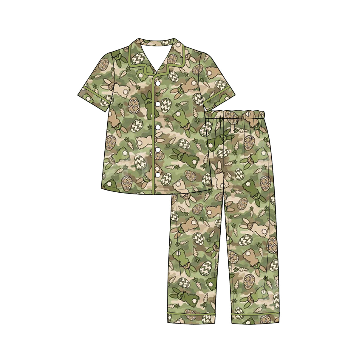 Preorder moq 5 Baby Boys Green Camo Rabbits Eggs Button Top Pant Easter Pajamas Set