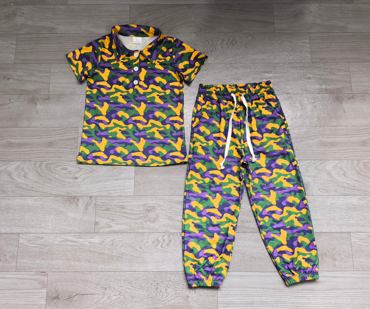 Baby Boys Mardigras Camo Button Polo Shirts Top Pockets Joggers Clothes Set Preorder