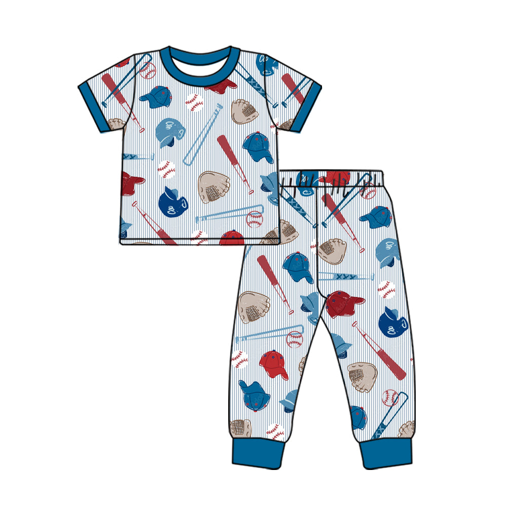 Baby Boys Blue Stripe Baseballs Top Pants Team Pajamas Sets Preorder