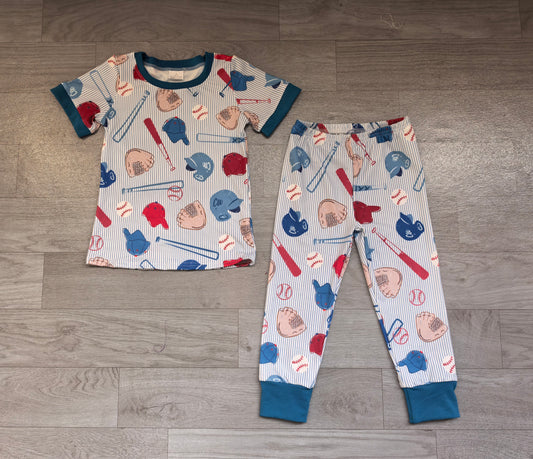Baby Boys Blue Stripe Baseballs Top Pants Team Pajamas Sets Preorder