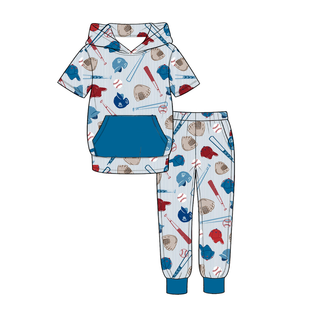 Baby Boys Blue Stripe Baseballs Pocket Hoodie Pants Team Clothes Sets Preorder