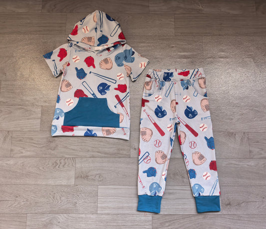 Baby Boys Blue Stripe Baseballs Pocket Hoodie Pants Team Clothes Sets Preorder