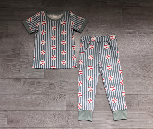 Baby Boys Blue Stripe Baseballs Team Pajamas Sets Preorder