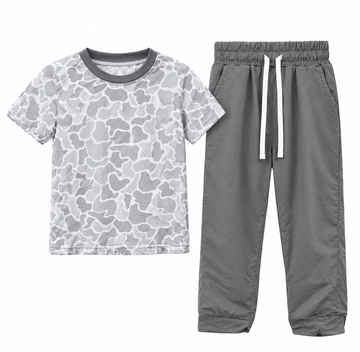 Preorder moq 5 Baby Boys Grey Camo Short Sleeve Top Pockets Pant Clothes Sets