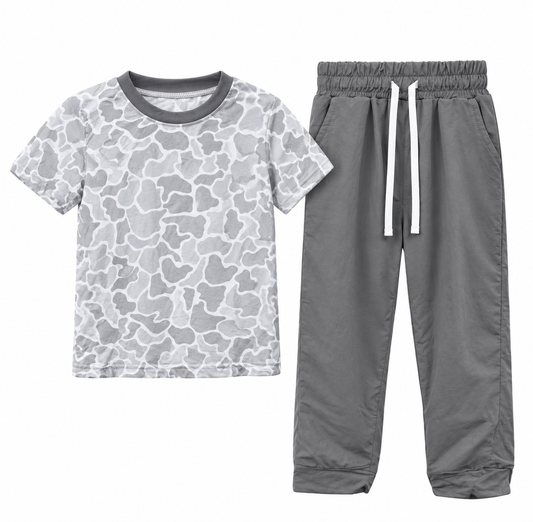 Preorder moq 5 Baby Boys Grey Camo Short Sleeve Top Pockets Pant Clothes Sets