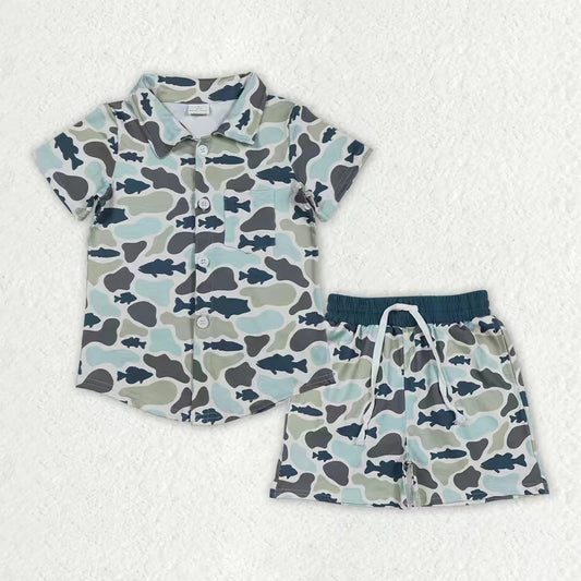 Baby Boys Blue Grey Camo Fishes Pocket Button Shirt Shorts Hunting Clothes Sets
