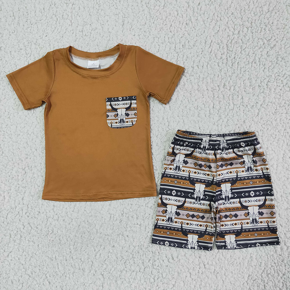 Sibling Baby Boys Western Cow Pocket Top Shorts Clothes Sets