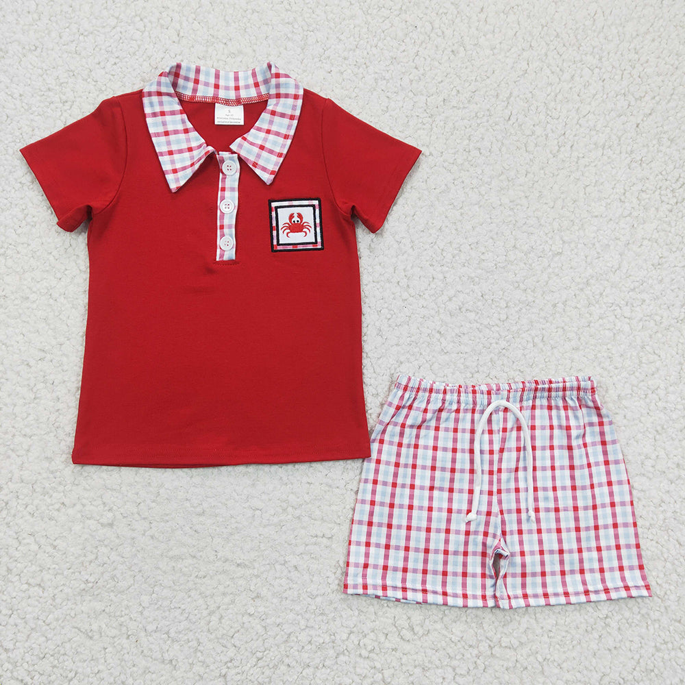 Sibling Girls Embroidery Baby Boys Crab Red Rompers Clothes Sets