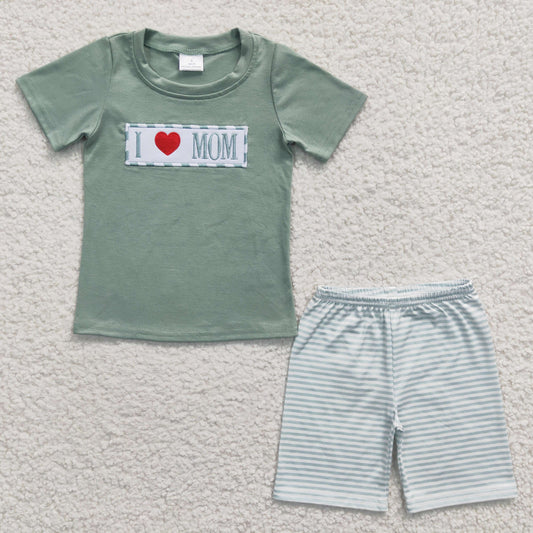 USA Shop Baby Boys Embroidery I Love Mom Top Green Stripe Short Clothes Set