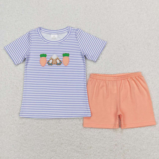 Sibling Baby Kids Embroidery Carrot Rabbit Stripe Top Shorts Easter Clothes Set Rompers