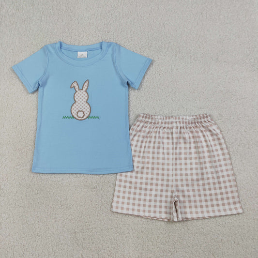 Embroidery Rabbit Baby Boys Shirt Checked Shorts Easter Clothes Sets