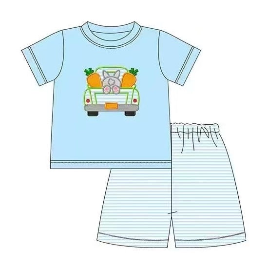 Baby Boys Tractor Easter Tee Shirts Blue Stripes Shorts Clothing Sets preorder