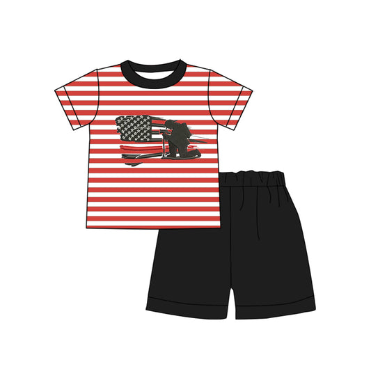 Baby Boys Red Stripes Firefither Shirt Tee Black Shorts Clothes Sets preorder