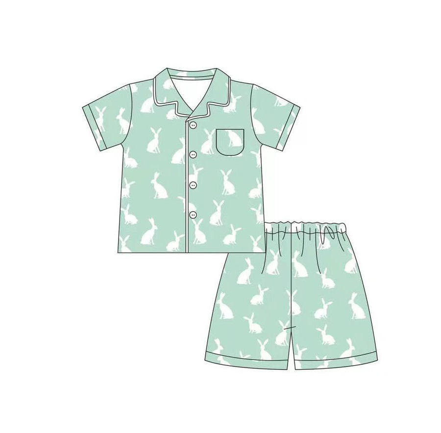 Baby Boys Easter Green Rabbits Pocket Shirt Top Shorts Pajamas Clothing Sets preorder