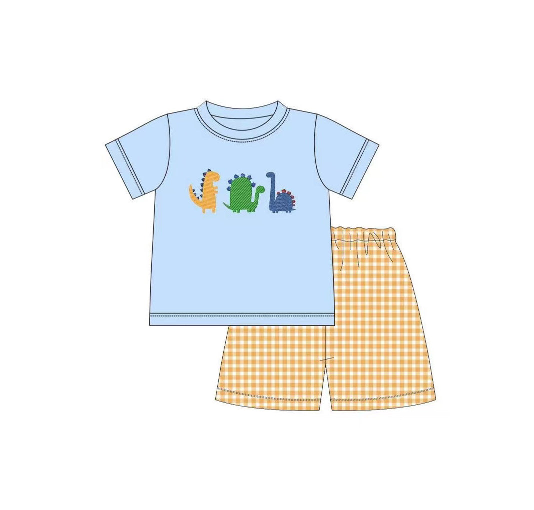 Baby Boys Blue Dinosaur Top Checkered Shorts Clothes Sets preorder