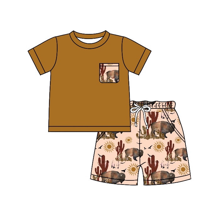 Baby Boys Toddler Western Cow Pocket Tee Shirts Shorts Clothes Sets Preorder