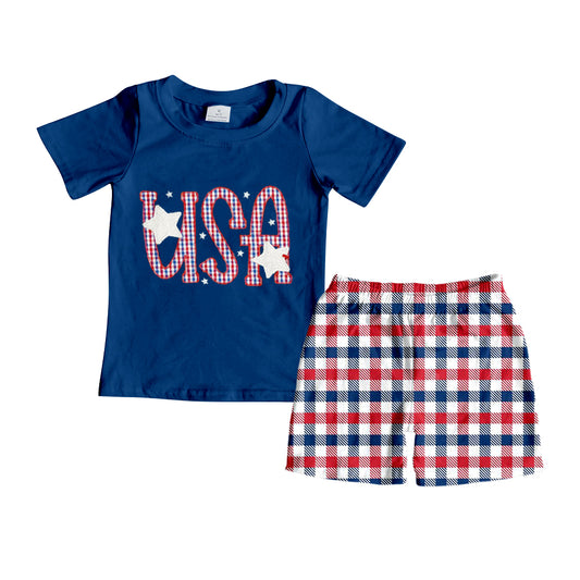 Baby Boys Toddler USA Tee Shirts Blue Red Checkered Shorts Clothes Sets preorder