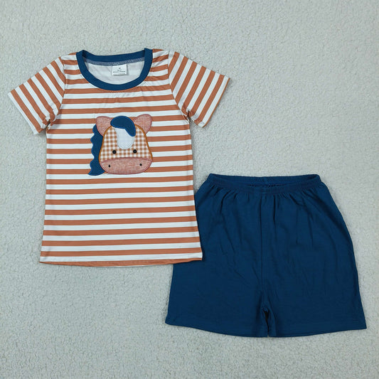 Embroidery Horse Baby Boys Stripe Top Shorts Western Farm Clothes Sets