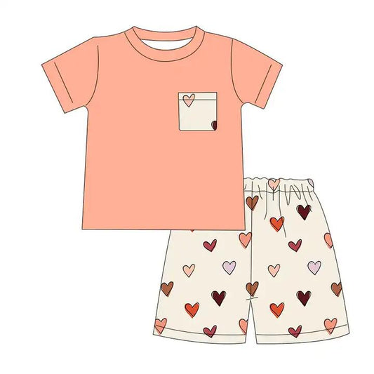 Baby Boys Valentines Red Hearts Pocket Shirts Shorts Outfits Clothing Sets Preorder